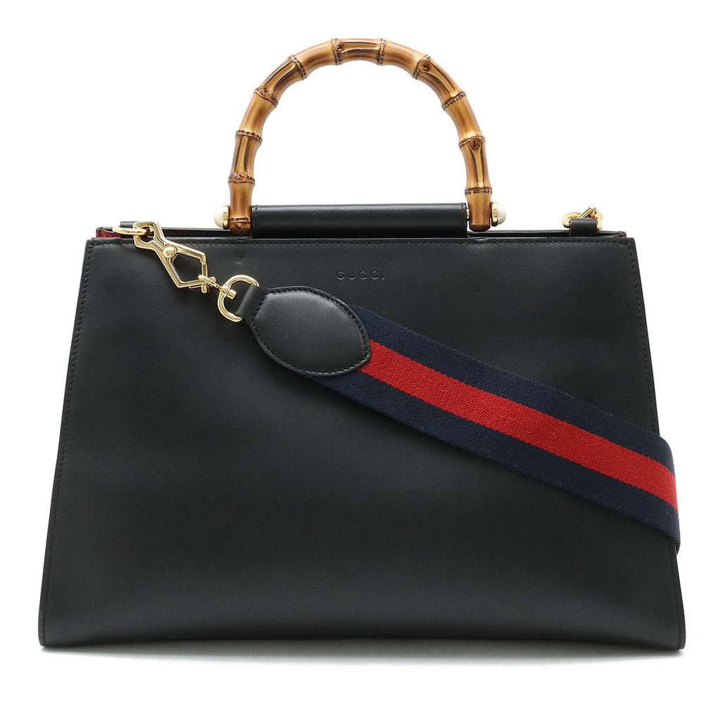 Gucci Bamboo 2way Shoulder Bag Hobo Strap Leather Faux Pearl Black